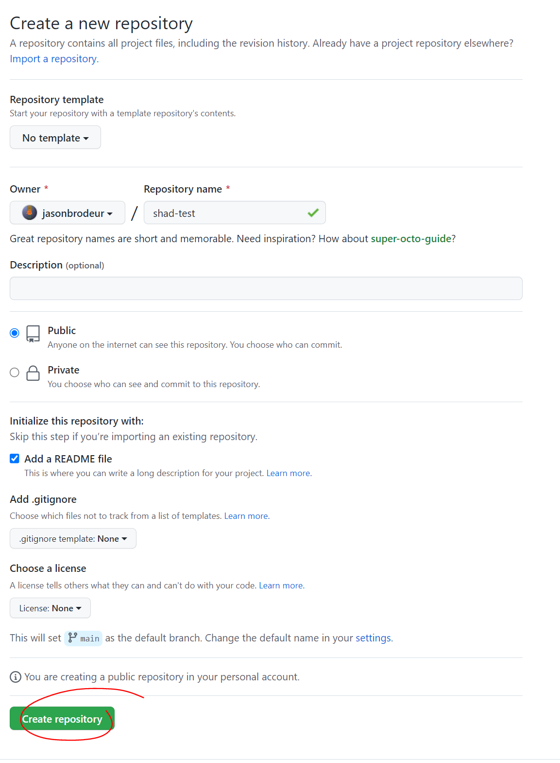 GitHub interface create new repository window