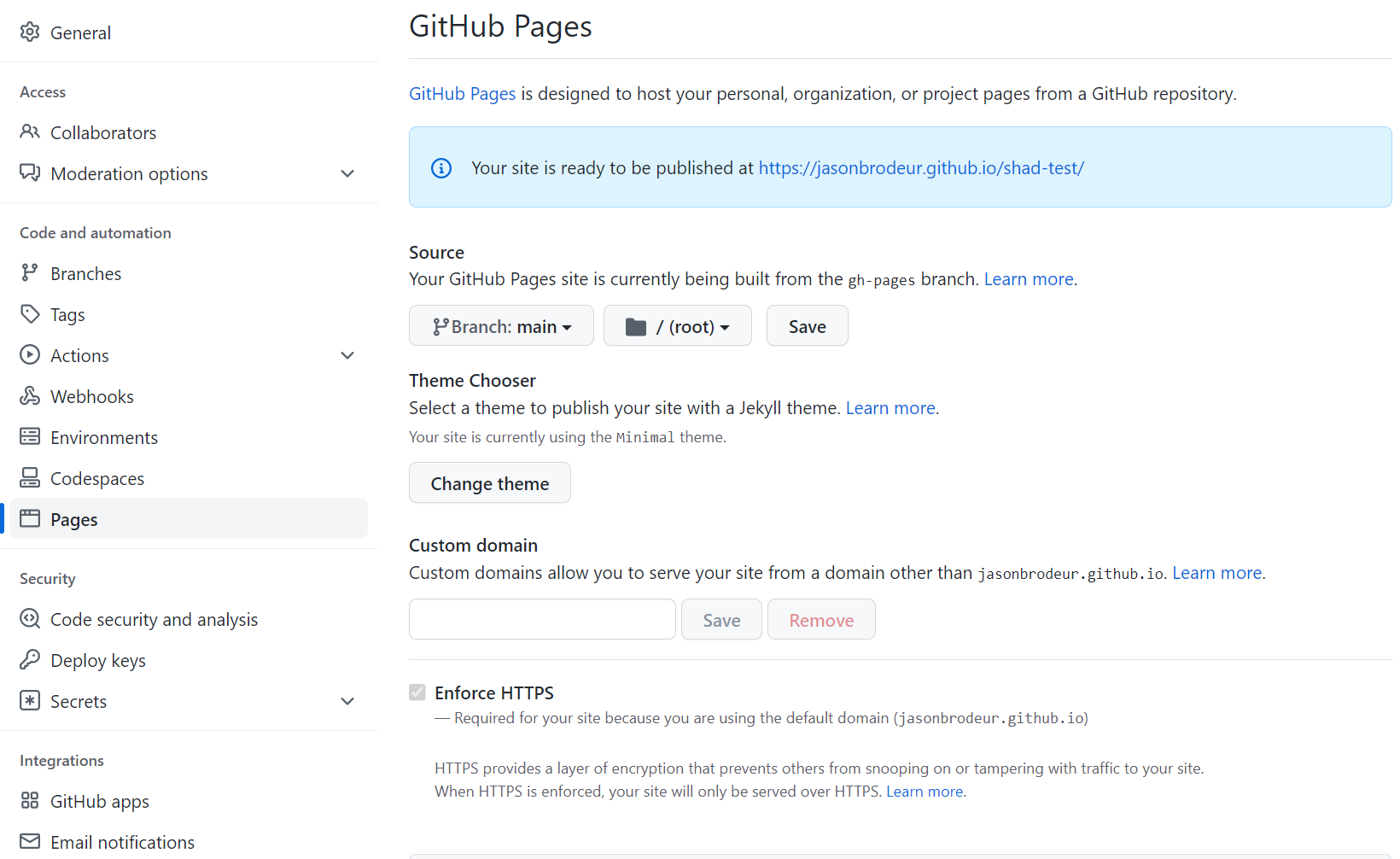 GitHub Pages interface