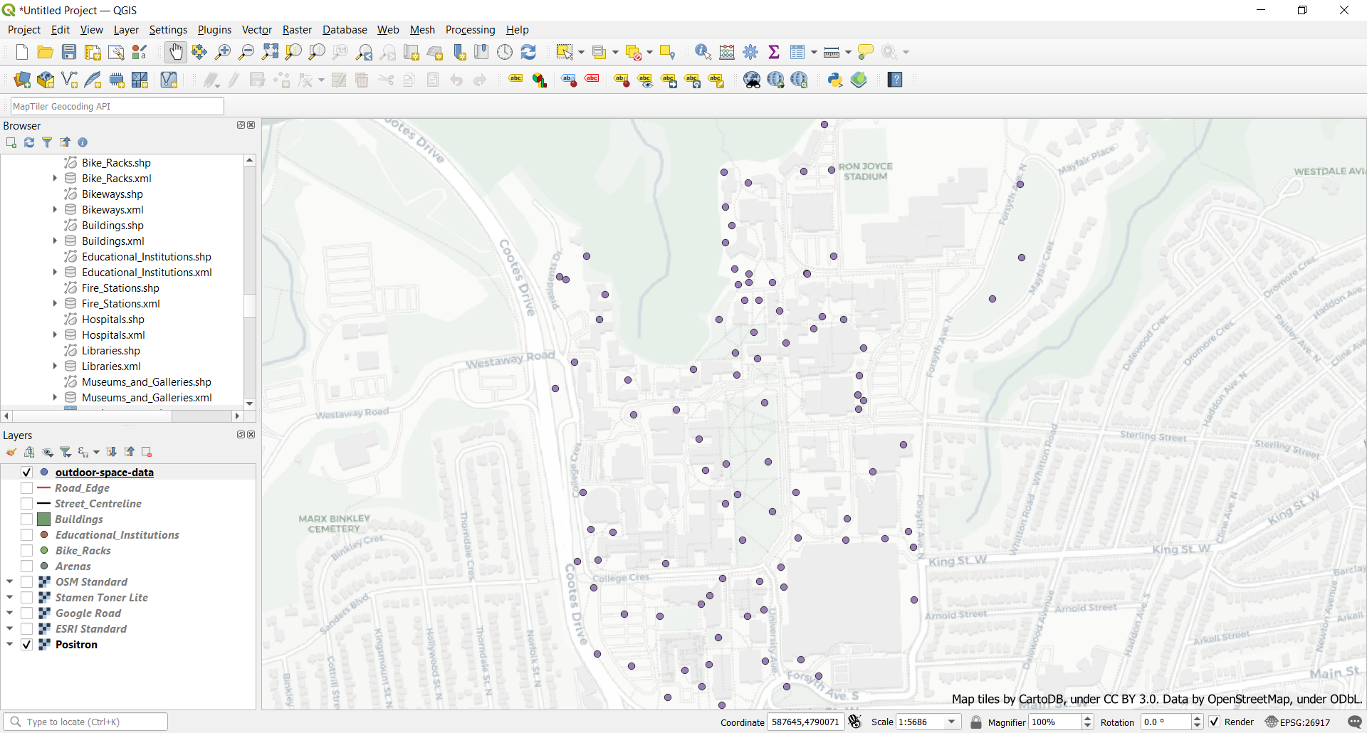 QGIS interface with point data loaded