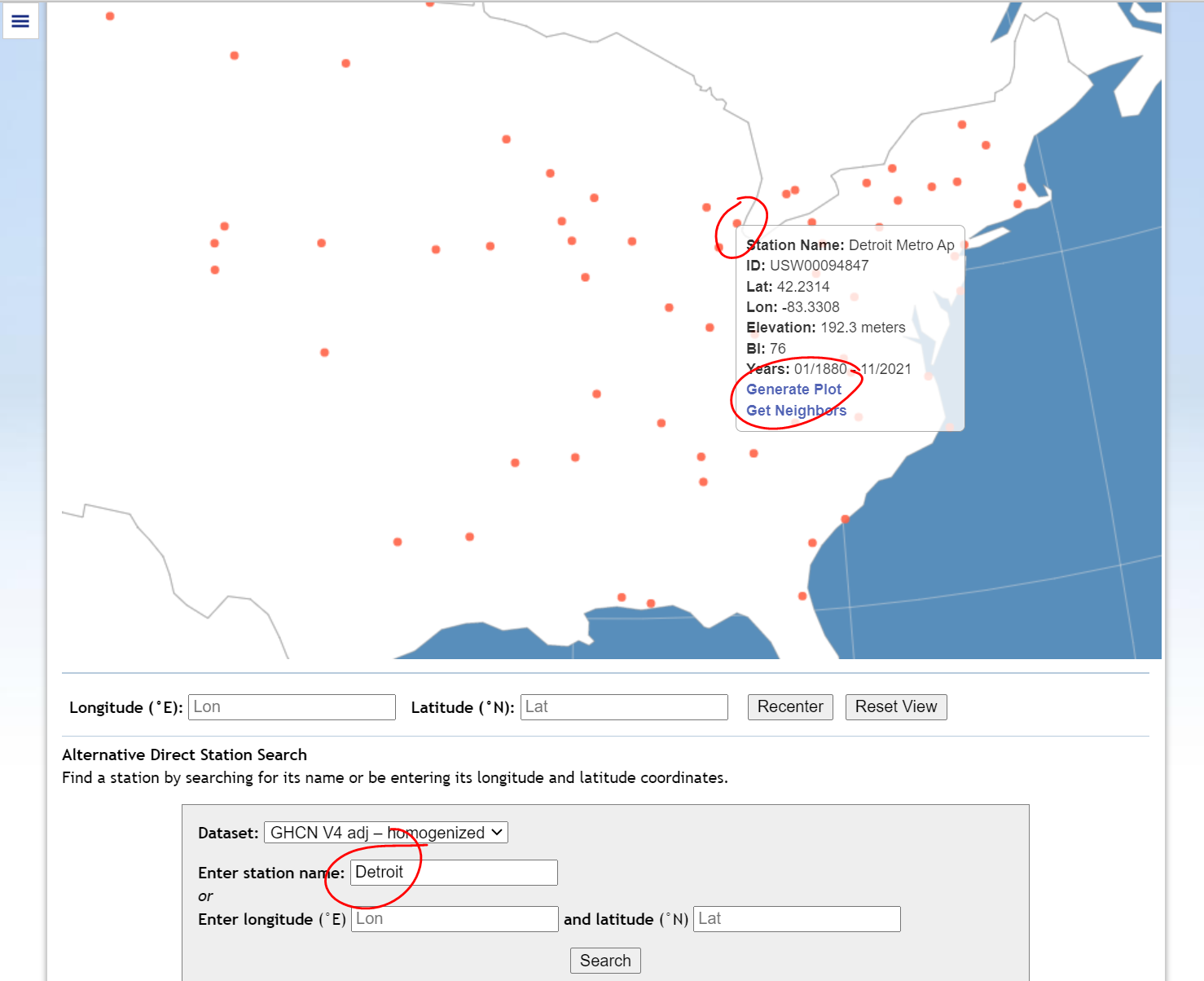 Map and Search box demonstrating how to Find and open the Detroit Metro Airport station page