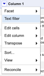 Menu options for text filter